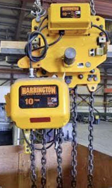 2 Harrington ERM100L 10 Ton Harrington 10 Ton Electric Chain Hoist with Motor Driven Trolley, 30 Ft Lift Chain, 7 Ft/Min Lift Speed, 230/460V 3PH.
