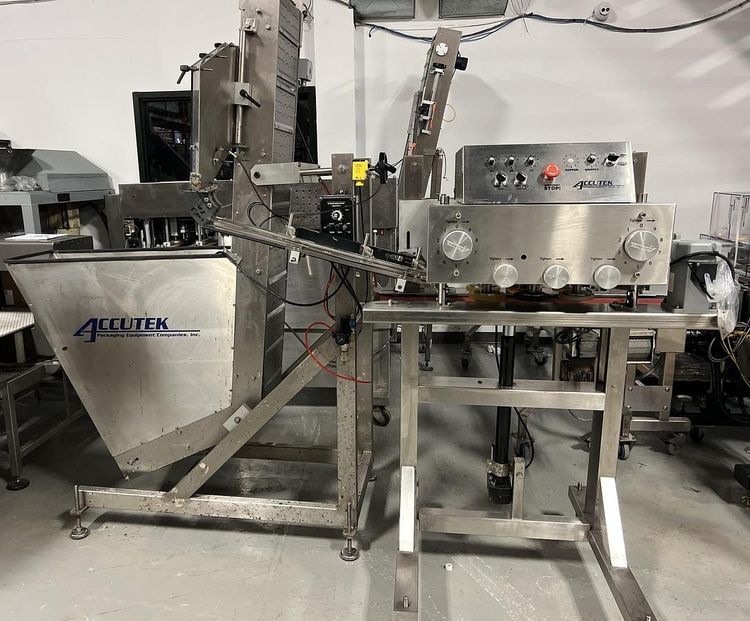 Accutek 22-500-000 & 60-COE CH2 Automatic Stainless Steel 3 Quill Inline Capper with Cap Hopper and Elevator