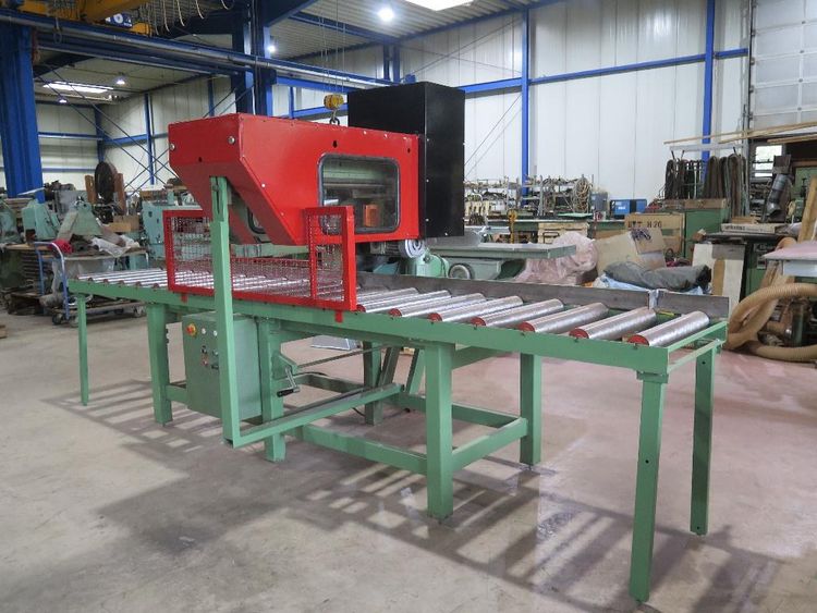 Crosscut saw with roller conveyor