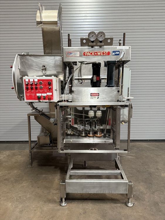 Pack West 6 Quill Automatic Inline Bottle Capper with Cap Feed Elevator