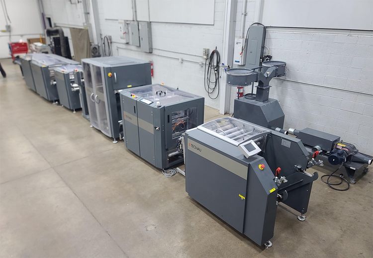 Tecnau Roll Fed Sheeting System w/ C23 Cutter, Lasermax Unwind, Slitter, Merger, Buffer & Stacker 5.5″ – 20.5″