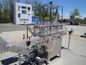 Packaging Dynamics SLA-8, TWELVE SPOUT STAINLESS STEEL FULLY AUTOMATIC STRAIGHT LINE LIQUID FILLING MACHINE